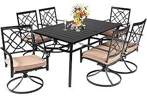 Oakcloud 7-Piece Metal Outdoor Patio Furniture Dining Set, 6 Metal Swivel Chairs and Rectangle Dining Table with Umbrella Hole, Black
