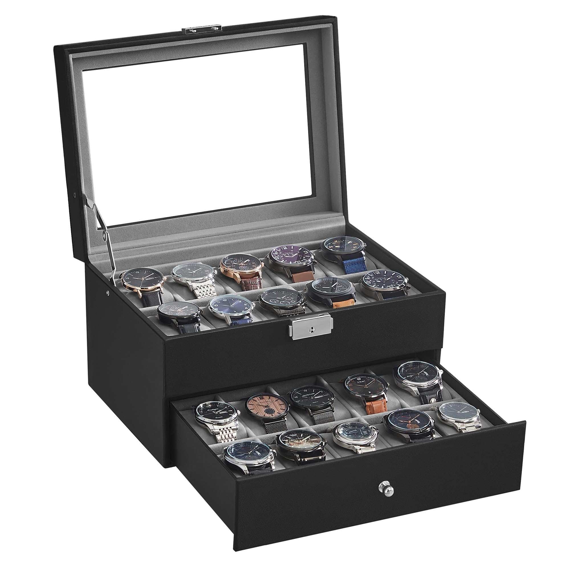 SONGMICS Watch Box, Watch Case with Glass Lid, 2-Tier Watch Display Case, Lockable, 1 Drawer, for Rings, Bracelets, Gift Idea, Black Synthetic Leather, Grey Lining JWB020