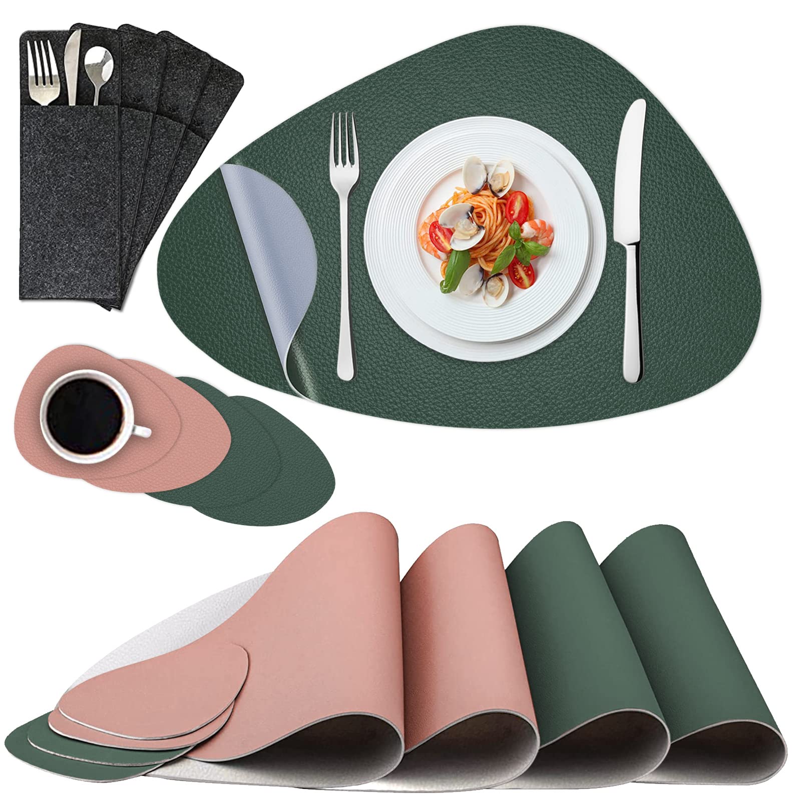 DIKTOYOU Placemats Coasters and Cutlery Bags, Placemats Washable Set of 12, Double-Sided Non-Slip Placemats PU Leather Faux Leather Place Mat Leather Look Place Mat