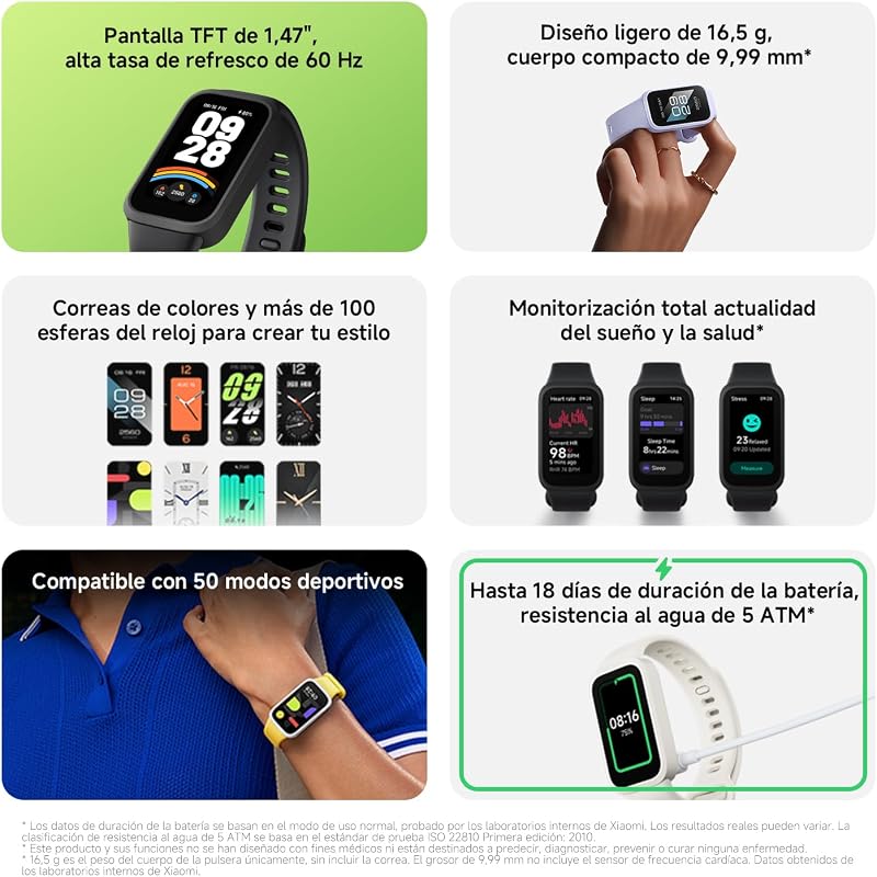 Smart Band 9 Active - Pulsera de Actividad, autonomía de hasta 18 días, Pantalla TFT de 1,47" con tasa de refresco de 60 Hz, 5ATM, App Mi Fitness, Negro (Versión ES)