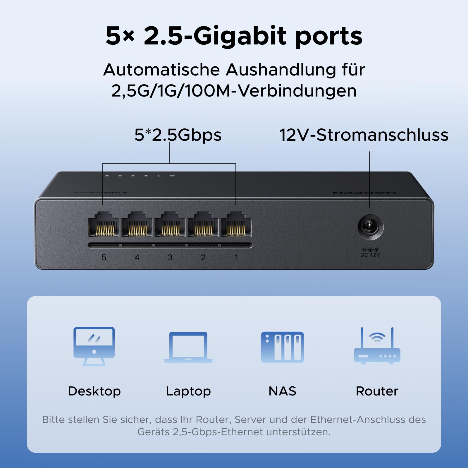 UGREEN 2.5G LAN Switch mit 5X 2.5G Ports,Unmanaged Netzwerk Switch für Computer,NAS,Server,WiFi 6 AP, Schnelle Datenübertragung,lüfterlos und leise,Desktop/Wandmontage 3