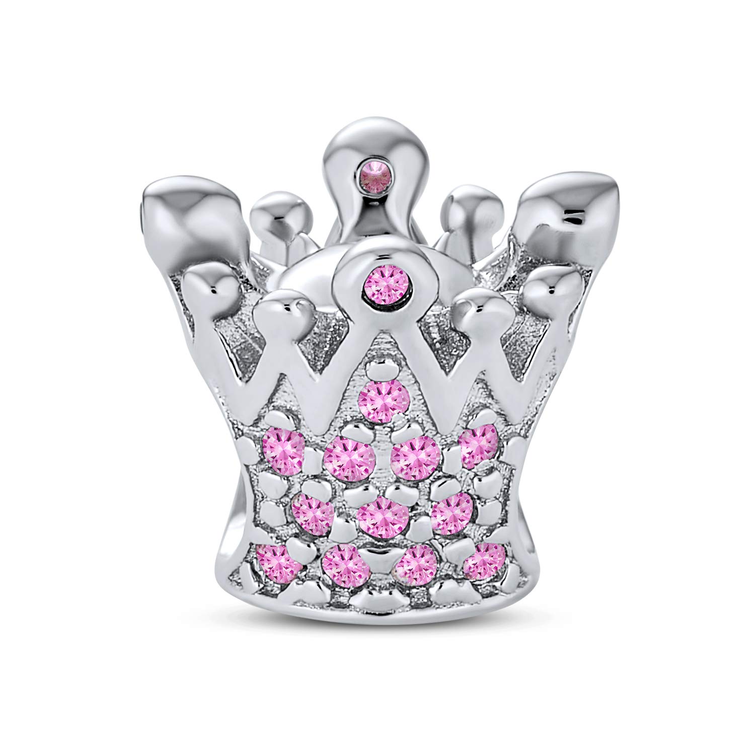 Bling Jewelry Princess Queen Crown Royalty Pink Fuchsia Crystal Bead Charm .925 Sterling Silver Bead For European Bracelet For Women