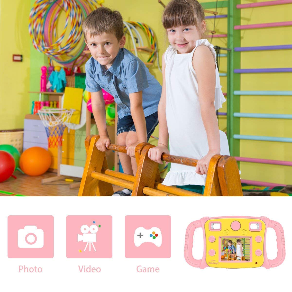 DROGRACE Kids Camera 1080P HD Kids Digital Video Camera Sports Camera for Girls Birthday Holiday Gift Children Camera with 2 inch LCD Screen – Pink