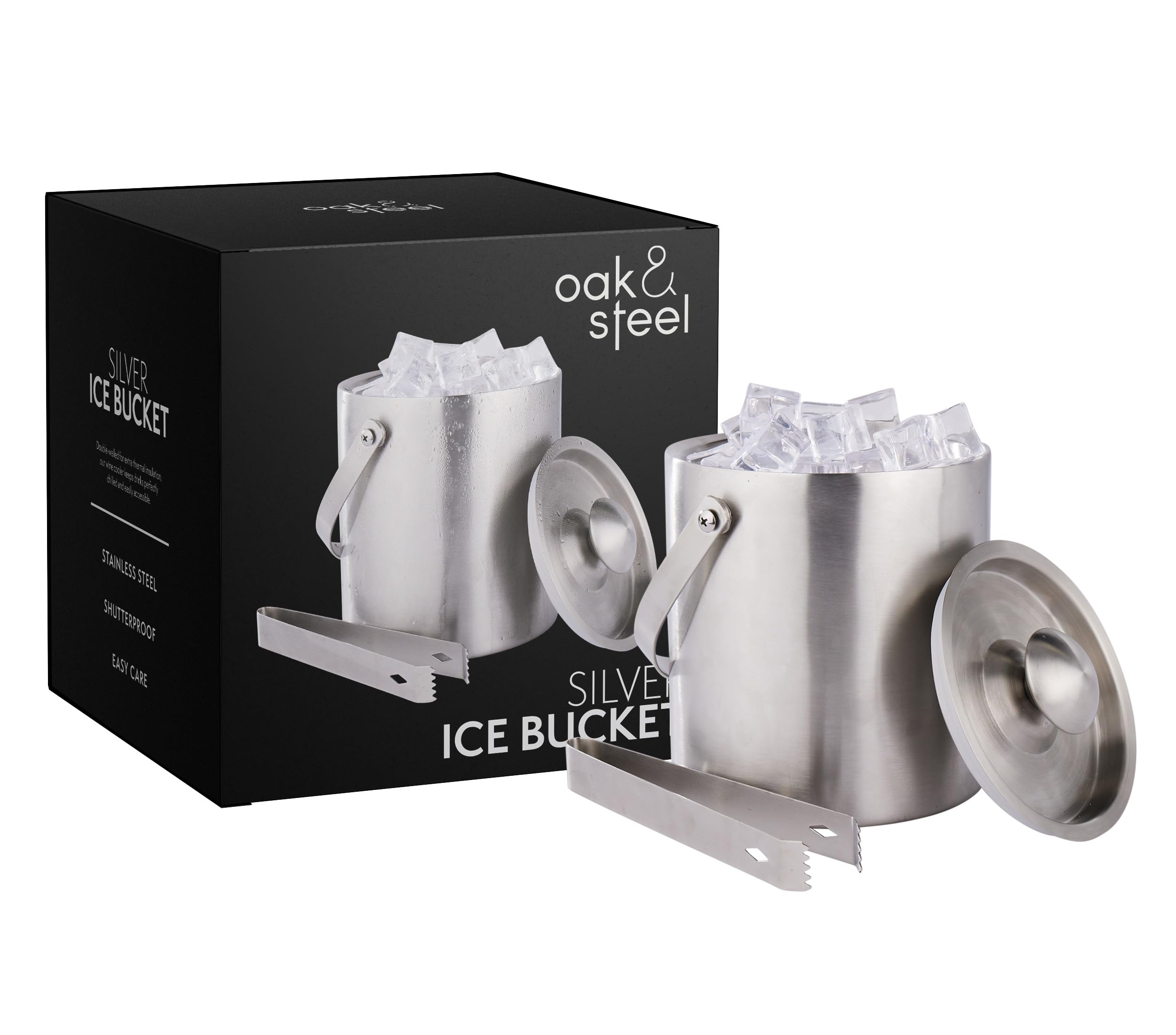 Oak & Steel - 2L Ice Bucket with Lid and Tongs - Double Wall - Stainless Steel - Keeps Ice Cold & Dry for Bar, Parties, Beer, Champagne and Wine Bottles