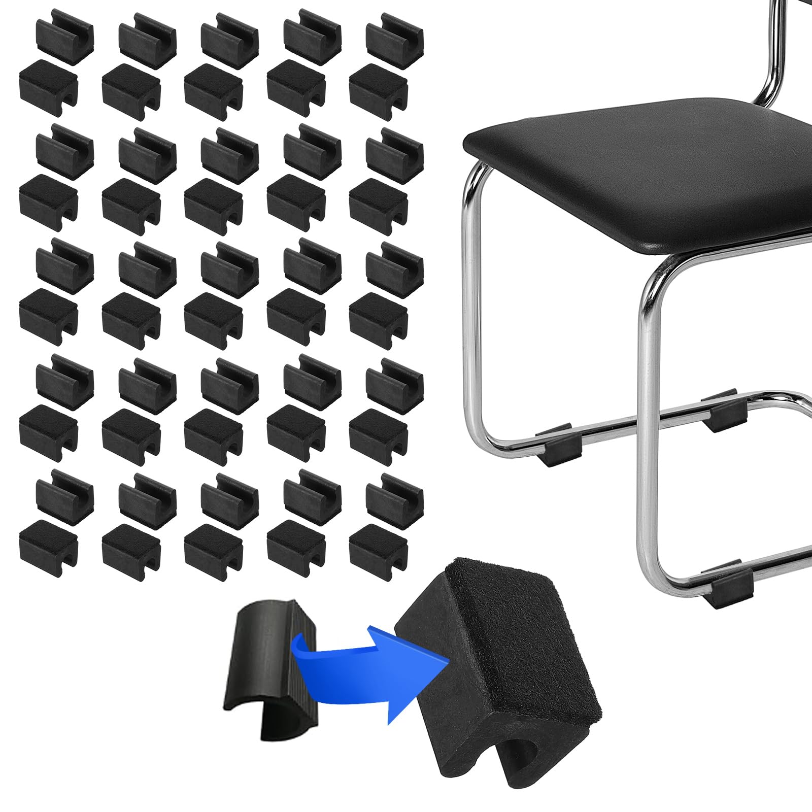 PATIKIL Rectangle U Shaped Chair Leg Tips Caps with Felt Pads, 50 Pack Slide Smoothly Furniture Feet Floor No Scratches No Noise Protectors Protect Hardwood Floors Fit Dia 10 mm Leg, Black