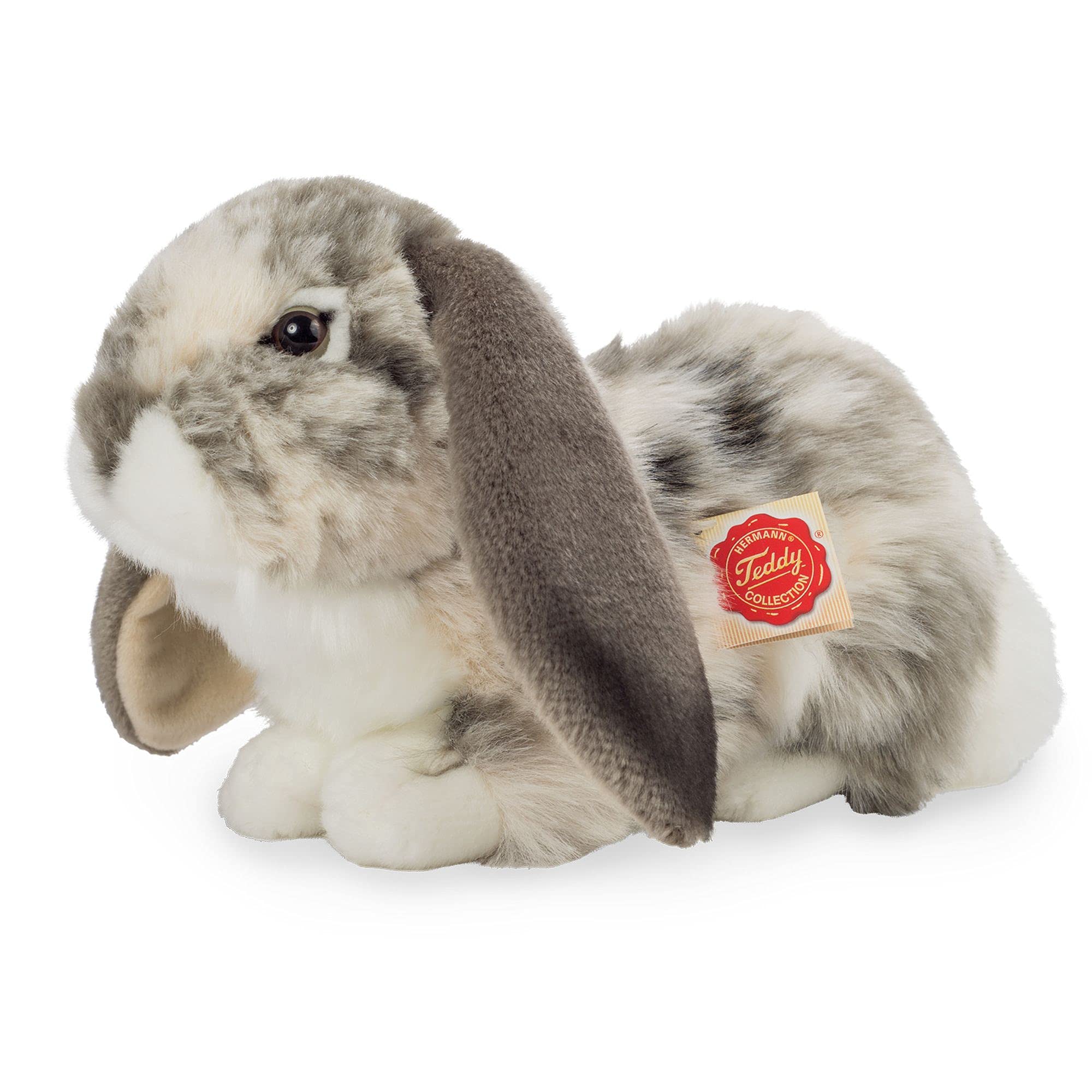 Teddy Hermann 93797 Rabbit ram rabbit lying grey-white piebald 30 cm, cuddly toy with 75% recycled filling material