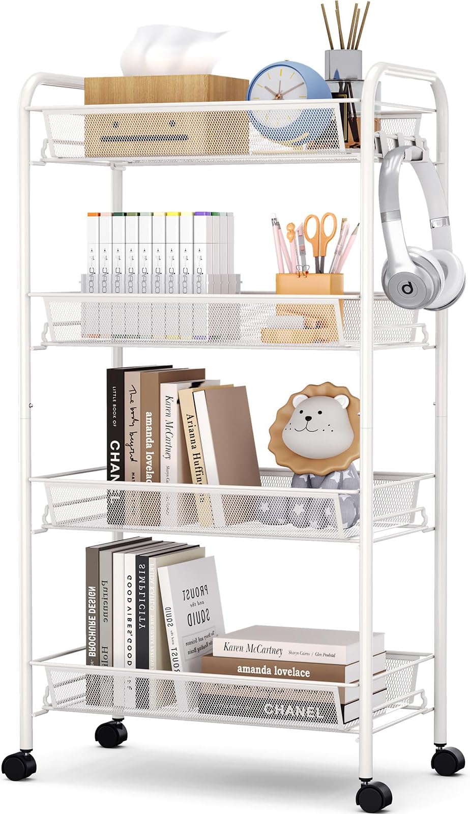 4-Tier Rolling Cart On Wheels White 4-Tier Storage Trolley