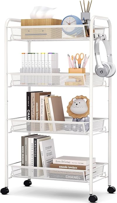 4-Tier Rolling Cart On Wheels White 4-Tier Storage Trolley