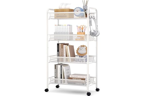 TOOLF 4-Tier Rolling Cart, Metal Utility Cart with 3 Hooks, Easy Assemble Mobile Storage Trolley On Wheels, Slide Out Shelvin