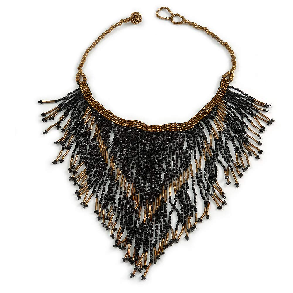 Avalaya Glass Bead Bib Style/Fringe Necklace In Black/Bronze/ 40cm Long/ 17cm Front Drop