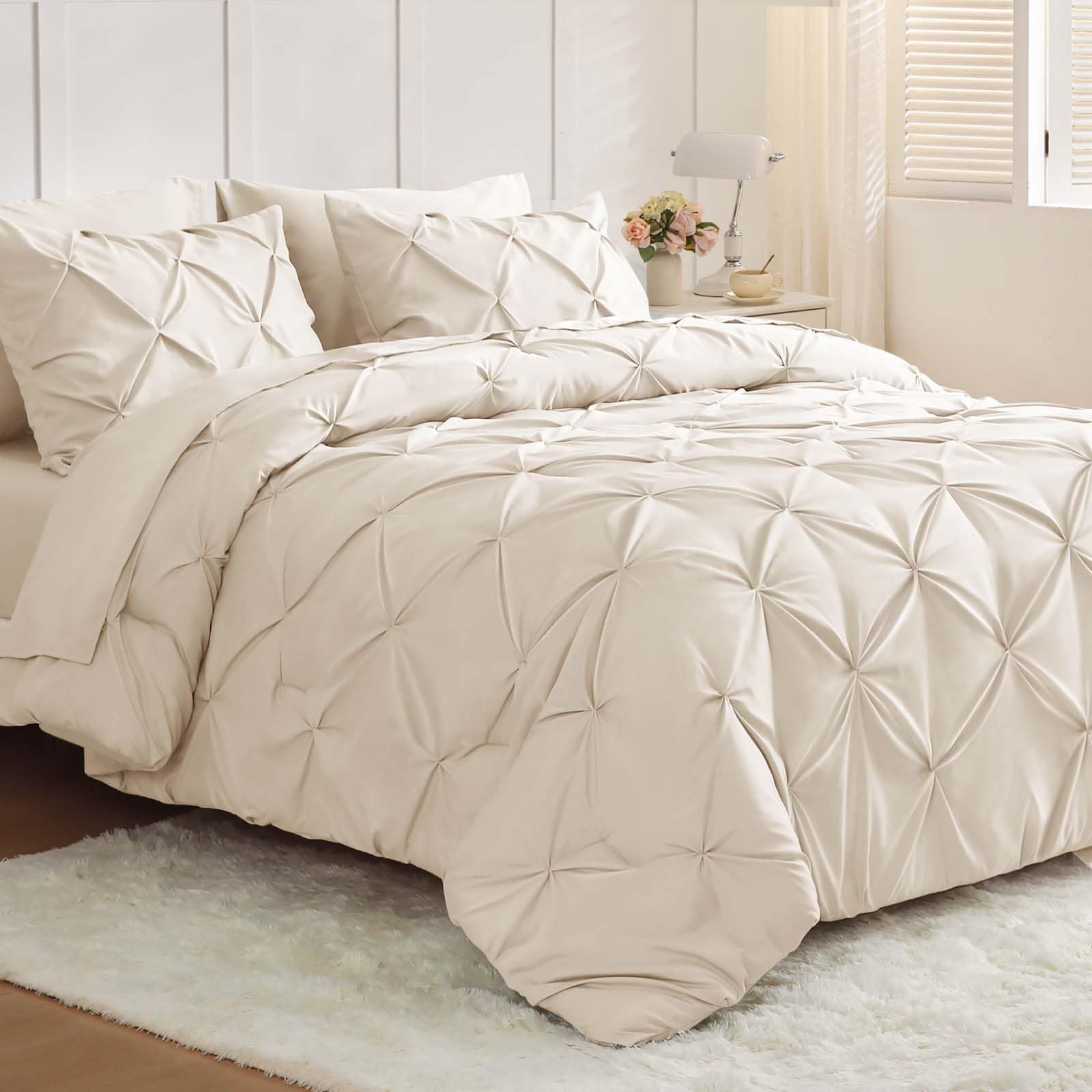 Photo 1 of JOLLYVOGUE Queen Comforter Set 7 Pieces - Bed in a Bag Queen for All Season, Pintuck Bedding Comforter Sets with Comforter, Flat Sheet, Fitted Sheet and Pillowcases & Shams, Beige