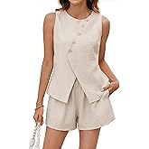 BMJL Womens Summer Outfits 2 Piece Vacation Short Sets Linen Button Down Matching Sets Vest and Shorts Sets