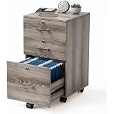 VINGLI 3-Drawer File Cabinet with Lock, Wood Rolling Filing Cabinets for Home Office, Mobile Printer Stand, Under Desk File Organizer for Letter Sized Files, 26" H(Caster Included),Gray Oak