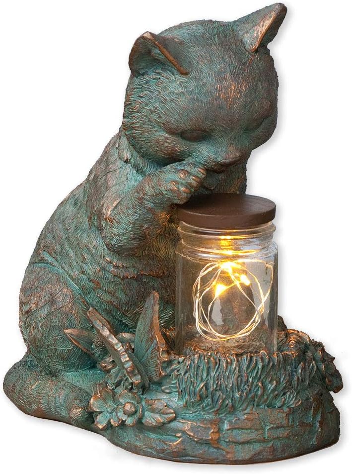 Bits and Pieces Cat with LED Solar Light Up Jar Cat Statue with LED