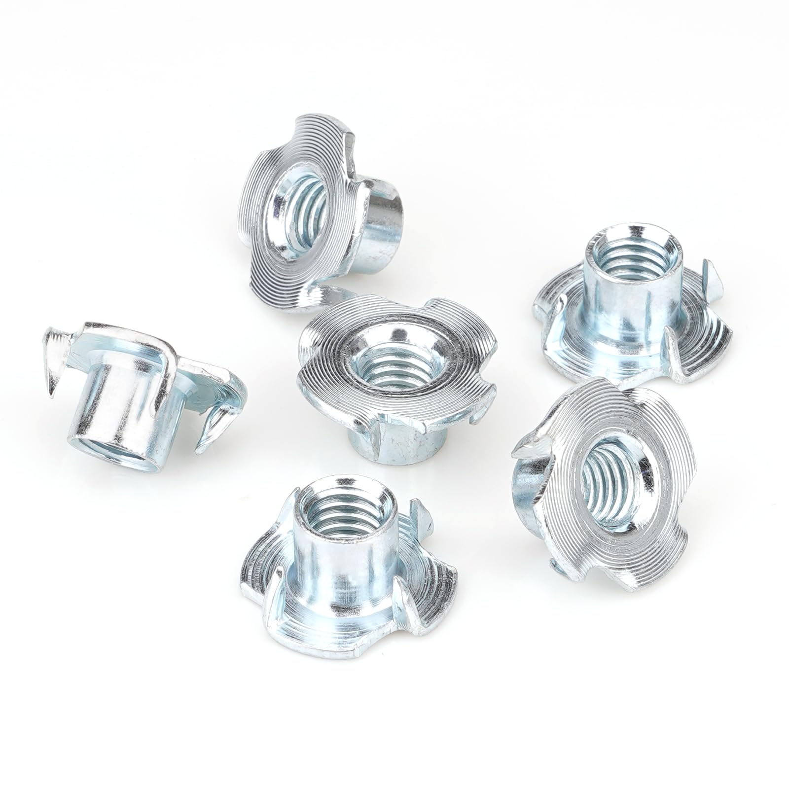 View 1 of 3/8"-16 T-Nuts (100 Pack), Zinc-Plated Steel Corrosion Resistant, 7/16" Barrel Length, 4-Pronged Tee Nut for Wood, Rock Climbing Holds, Cabinetry