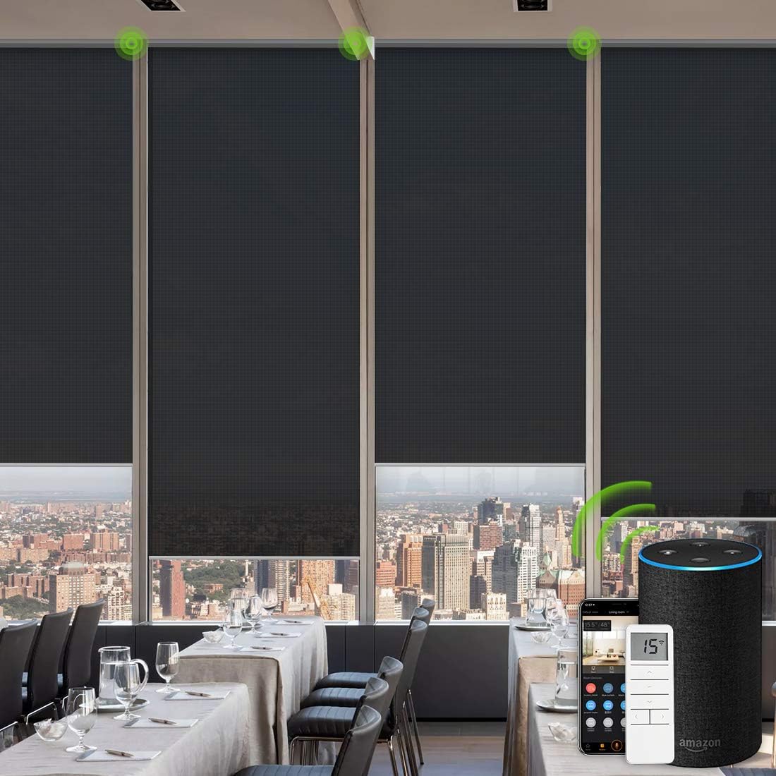 Yoolax Electric 5% Openness Solar Roller Blinds Fire Retardant Capable with Alexa Google Smart Home Remote Control Battery and Rechargeable Window Shades for Kitchen and Restaurant Customized (Black)