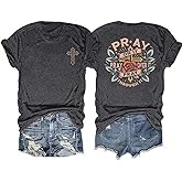 Retro Christian Jesus Faith T Shirts for Women Cross Pray Floral Printed Short Sleeve Inspirational Bible Verse Tee Tops
