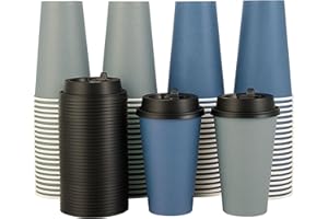 LITOPAK 100 Pack 16 oz Disposable Paper Coffee Cups with Lids for Coffee, Water, Juice, or Tea, Blue and Gray Hot Paper Cups for Home, Restaurant, Store, and Cafe