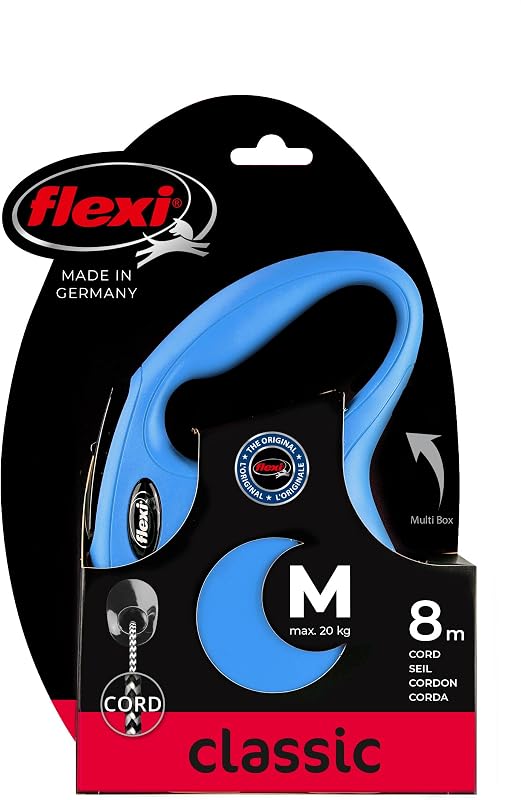 ® Classic M | Laisse rétractable à cordon de 8 m pour chiens jusqu'à 20 kg | Bleu | laisse à enrouleur pour chien | Poids : 350 g | Dimensions : 12,2 x 19,5 cm