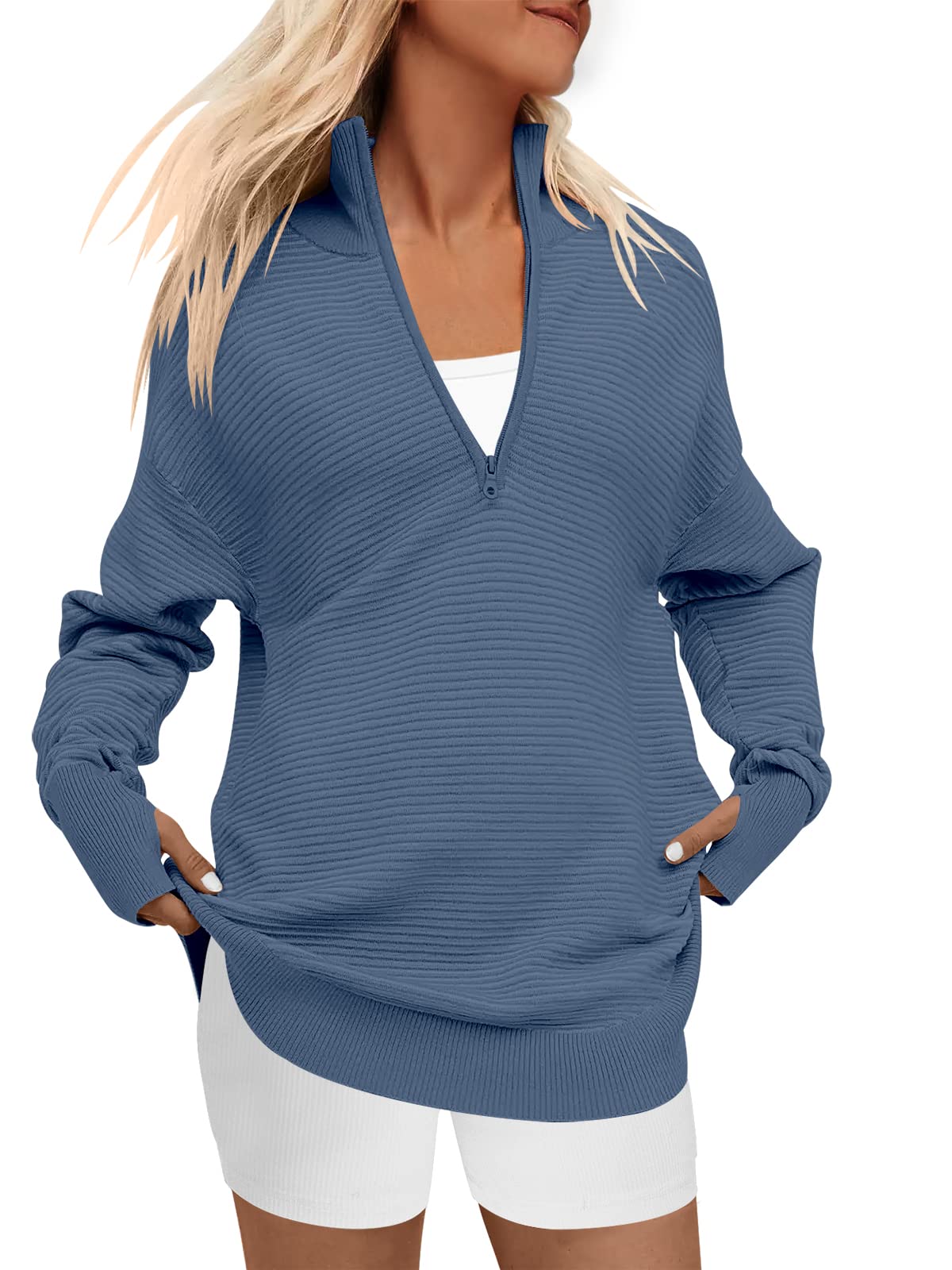 Photo 1 of ANRABESS Women's 2024 Fall Long Sleeve Half Zip Casual Oversized Ribbed Knit Pullover Sweater Top Thumb Hole Trendy Outfits Blue Large