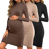 Sweetyweee 3 Pack Women's Maternity Dresses Long Sleeve Mock Neck Winter Pregnancy Dress Side Ruched Knee Length Mama Clothes