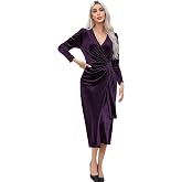 R.Vivimos Women's Velvet Wrap Fall Winter Elegant Midi Dress | V Neck Long Sleeve, Waist Ruched Elastic, Wedding Guest Dresse