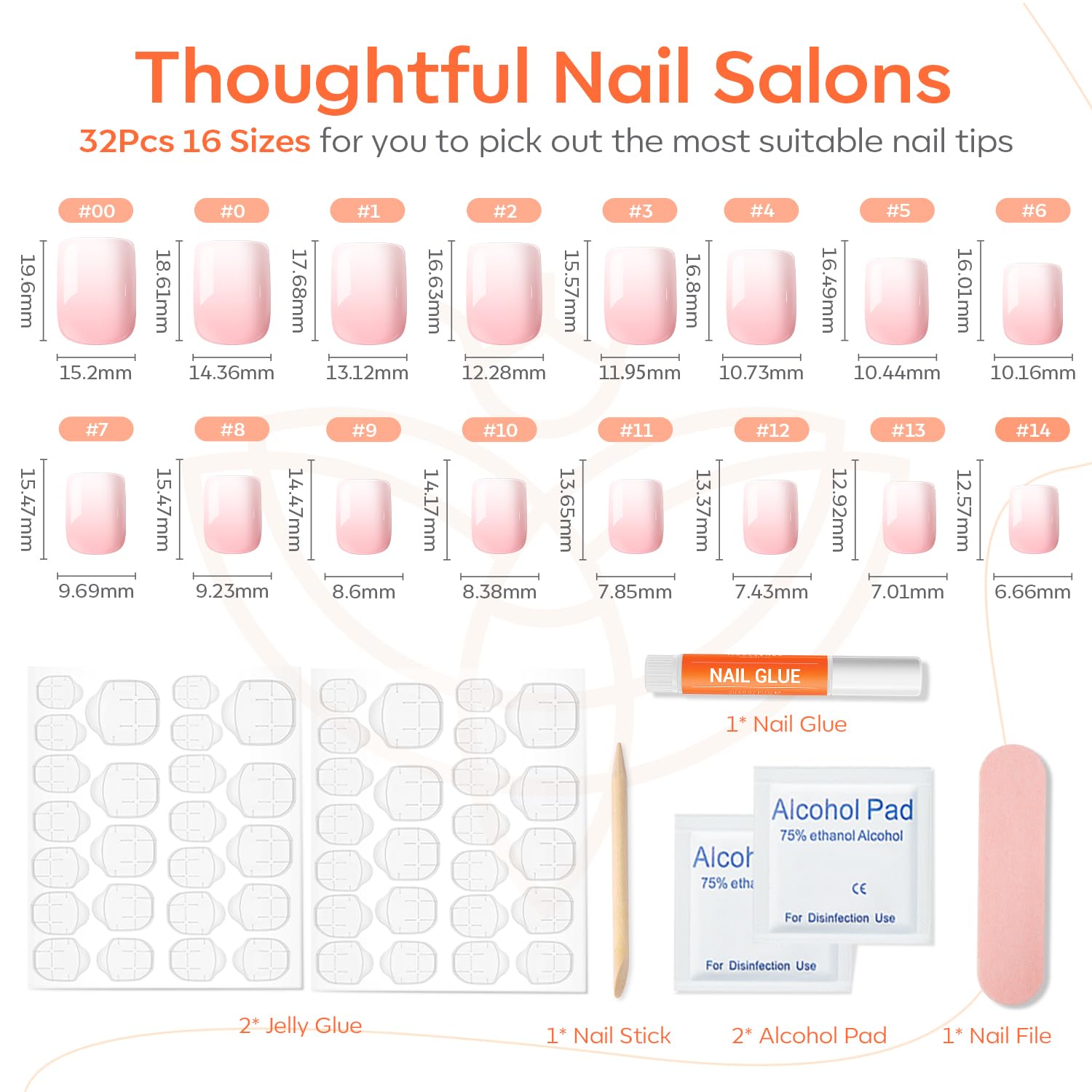 Modelones Pink Ombre Press on Nails, Spring Easter Short Square Fake Nails, Reusable Nail Kit with Nail Glue Adhesive Tabs Mini Nail File, Nails Press Ons 32Pcs 16 Sizes, Women Girl Gift - Image 4