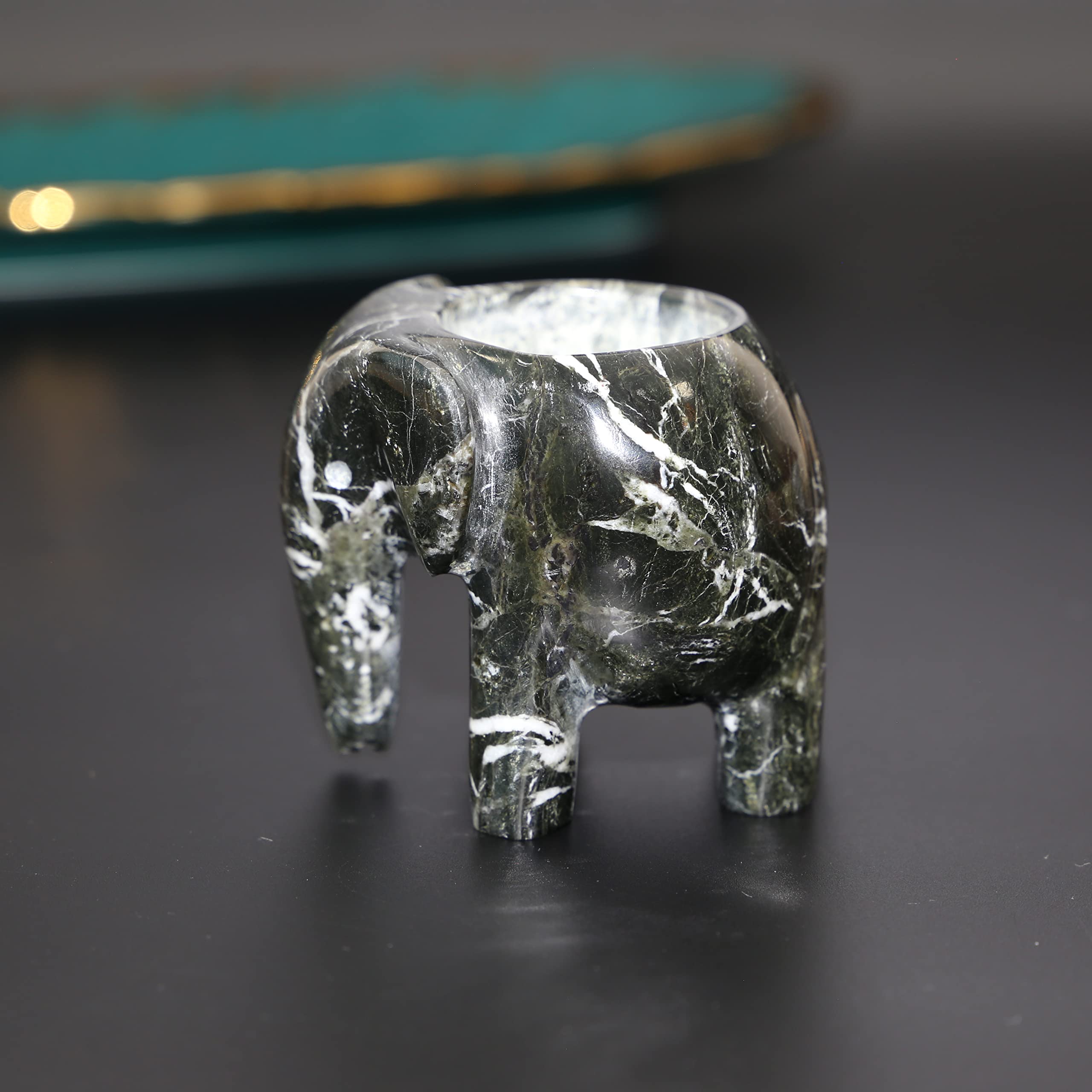 Onyx Elephant Tea Light Elephant Light Candle Holder Ornament Fossil Stone (Black Marble)