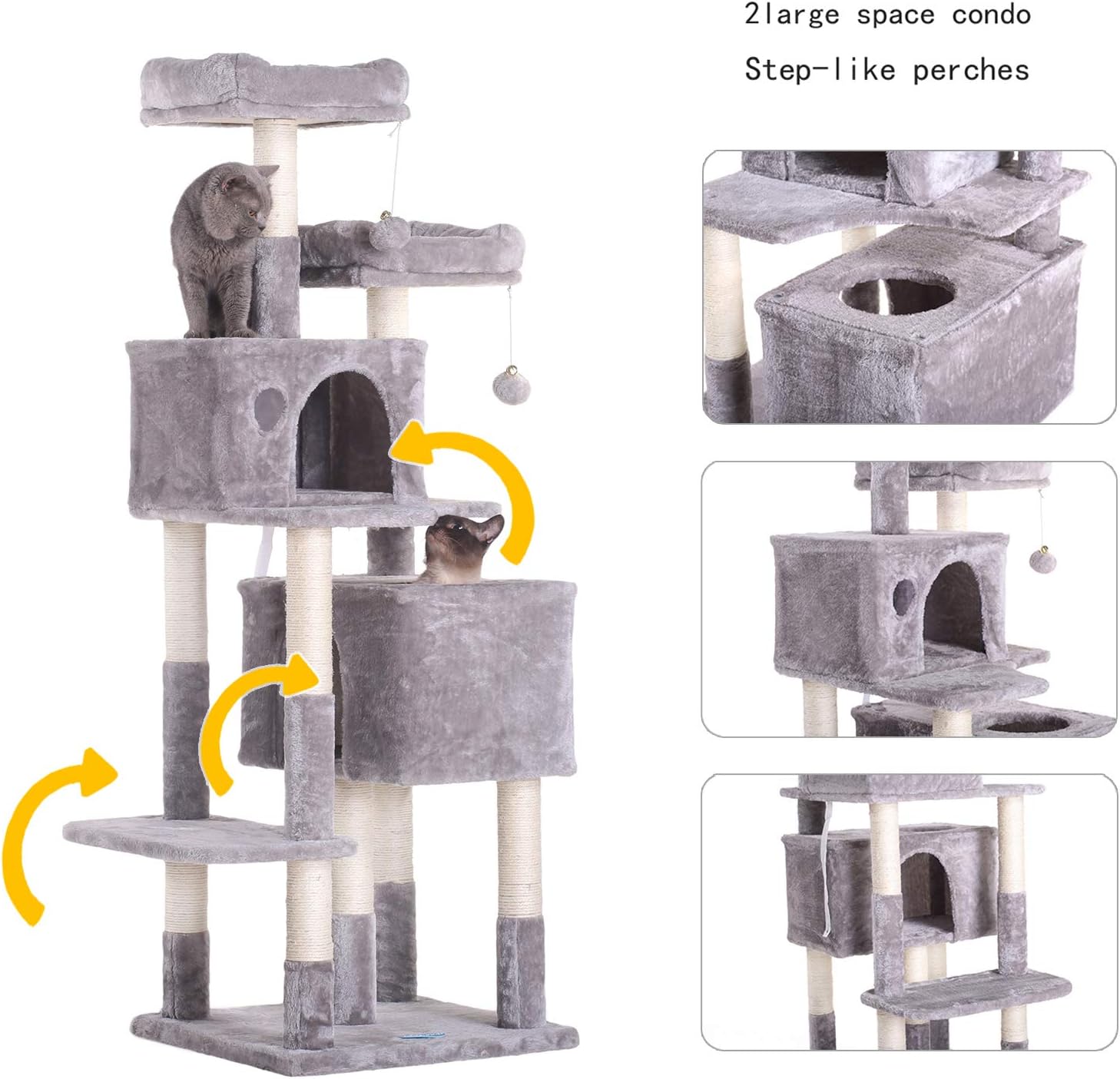 Hey-bro 60 inches Large Multi-Level Cat Tree Condo Furniture with Sisal-Covered Scratching Posts, 2 Plush Condos, 2 Plush Perches, for Kittens, Cats and Pets, Light Gray MPJ012W : Pet Supplies