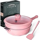TIBORANG 8 in 1 Multipurpose 11 Inch 5 Quart Heat Indicator Nonstick Deep Frying Pan with Glass Lid, Stay-cool Handle, Steamed Grid, PFOA-Free,Dishwasher and Oven Safe,Works with All Stovetops (Pink)
