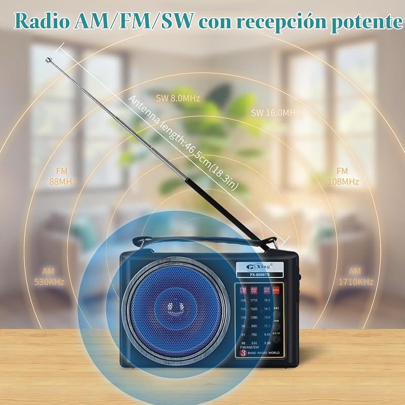 Radio Am/FM/SW Bluetooth Retro portátil y compacta con Panel Solar, iluminación LED portátil, batería Recargable, Reproductor MP3 Compatible con Tarjeta TF/USB (Azul) — foto 2 de 7