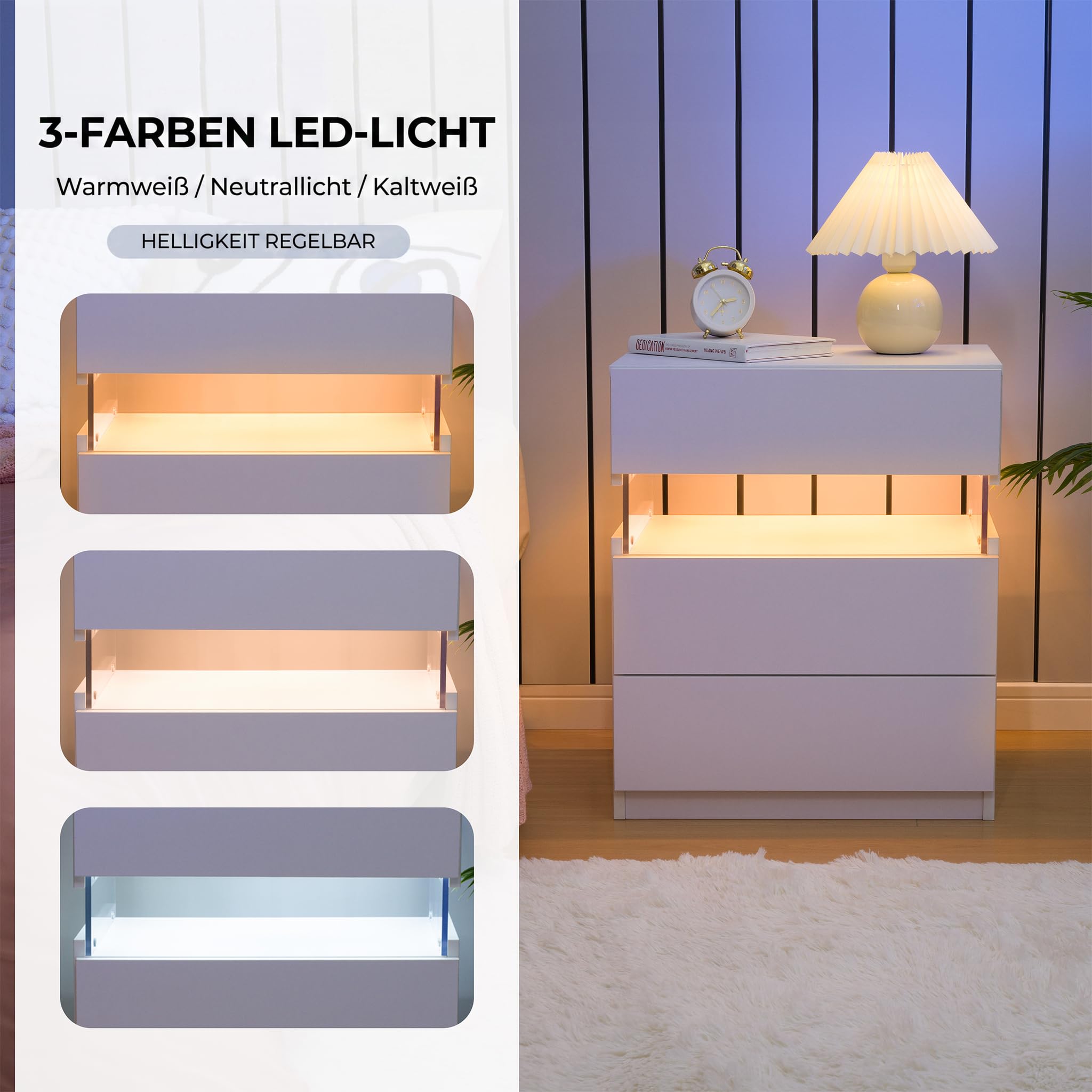 Cubehom Nachttisch 2er Set Weiß Nachtschrank mit 3 Schubladen Beistellschrank Nachttisch mit LED-Beleuchtung für Schlafzimmer, Weiß 8