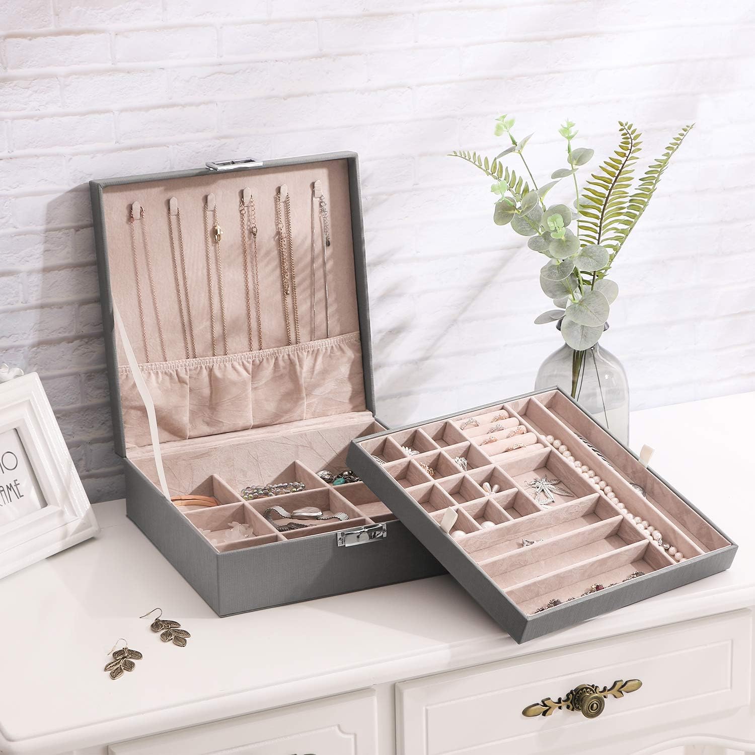 BEWISHOME Jewelry Box for Women 35 Compartments Jewelry Organizer - 6 Necklace Hooks, 2 Layers - Jewelry Boxes Display Storage Case Jewelry Holder for Girls Grey SSH71H: Home Improvement