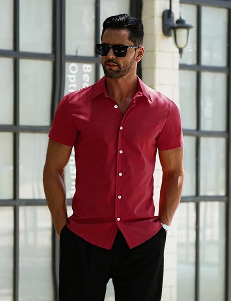 LETSEE MEN’S BUSINESS DRESS SHIRTS WRINKLE FREE SHORT SLEEVE CASUAL BUTTON DOWN SHIRT, WINE RED, 3X-LARGE