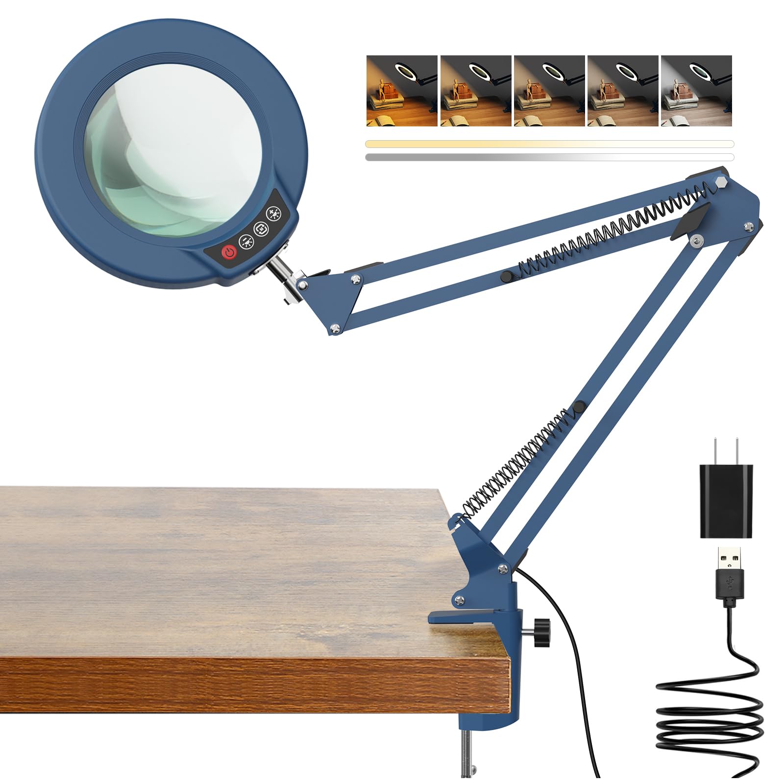 Photo 1 of 10X Magnifying Glass with Light and Clamp, Real Glass Stand Lighted Magnifier, 5 Color Modes Stepless Dimmable LED Desk Lamp Hands Free for Crafts Hobby Reading Painting Sewing Close Work - Blue