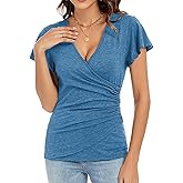 Womens Summer Sexy Deep V Neck Wrap Tops Ruffle Short Sleeve Criss Cross Ruched T Shirts Slim Fit Blouse