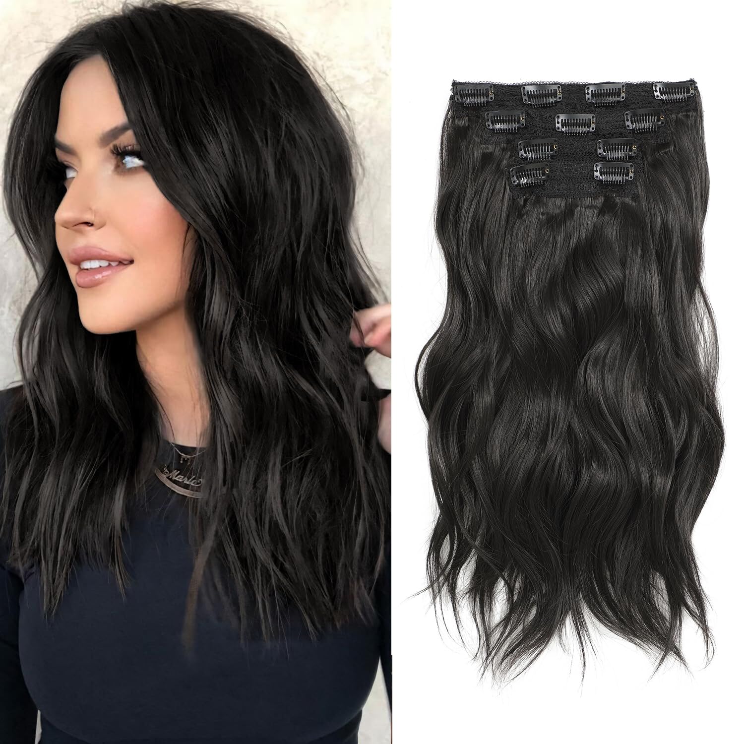 14 Inch Clip-in Hair Extensions - Synthetic Wavy Curly Thick Dark Brown Pieces for Women