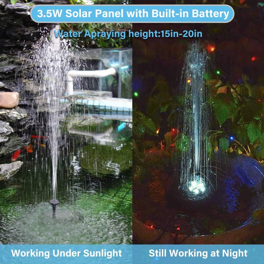 Pendoo Solar Fountain Pump, Solar Powered Water Fountain Pump Outdoor Built-in 1800mAh Battery with Night Work LED Lights, 6 Water Styles for Garden Pool Bird Bath Outdoors Ponds Solar Water Pump Kit: Home Improvement