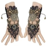 Juland Fingerless Gloves Gothic Floral Lace Steampunk Wristband Clock Vintage Gear Gloves Bridal Bracelet Rhinestone Ring Set - 1 Pair -S392