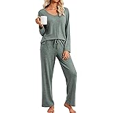 Ekouaer Pajamas for Women Set Long Sleeve 2 Piece Lounge Sets V Neck Matching Pjs Soft Sleepwear Fall Winter S-XXL