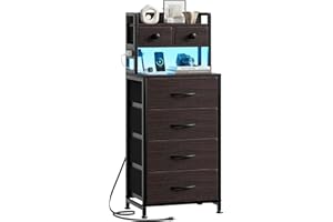 REAHOME 41 Inch Tall Nightstand with Charging Station, LED Night Stand with 6 Fabric Drawers, Bed Side Table with 3-Tier Wood