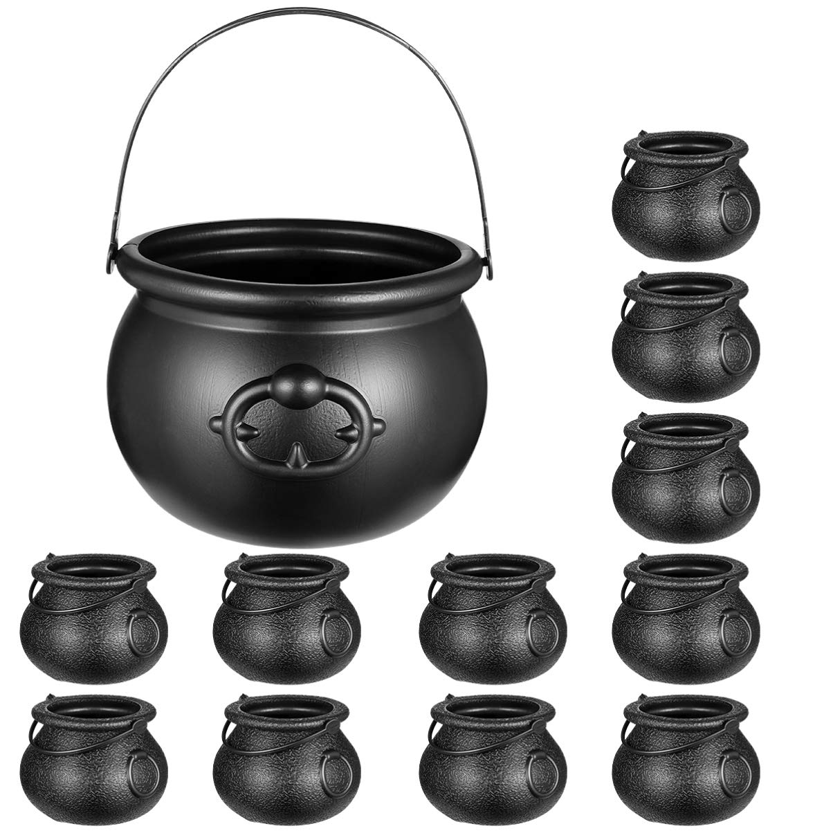 TOYANDONA 12‑Pack Black Cauldrons (7” & 2.7”) – Halloween Candy Bowl & Trick‑or‑Treat Pail, Reusable Witch Kettle Buckets, St. Patrick’s Pot of Gold Party Decor