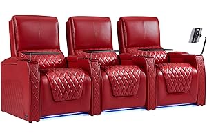 Weilianda Astronaut Zero Gravity Home Theater Seating Top Grain Leather Recliner Sofa Power Headrest Footrest with Carbon Fiber Tray Table, Tablet Stand, Type-C USB Charging, Cup Holder Row of 3 Red