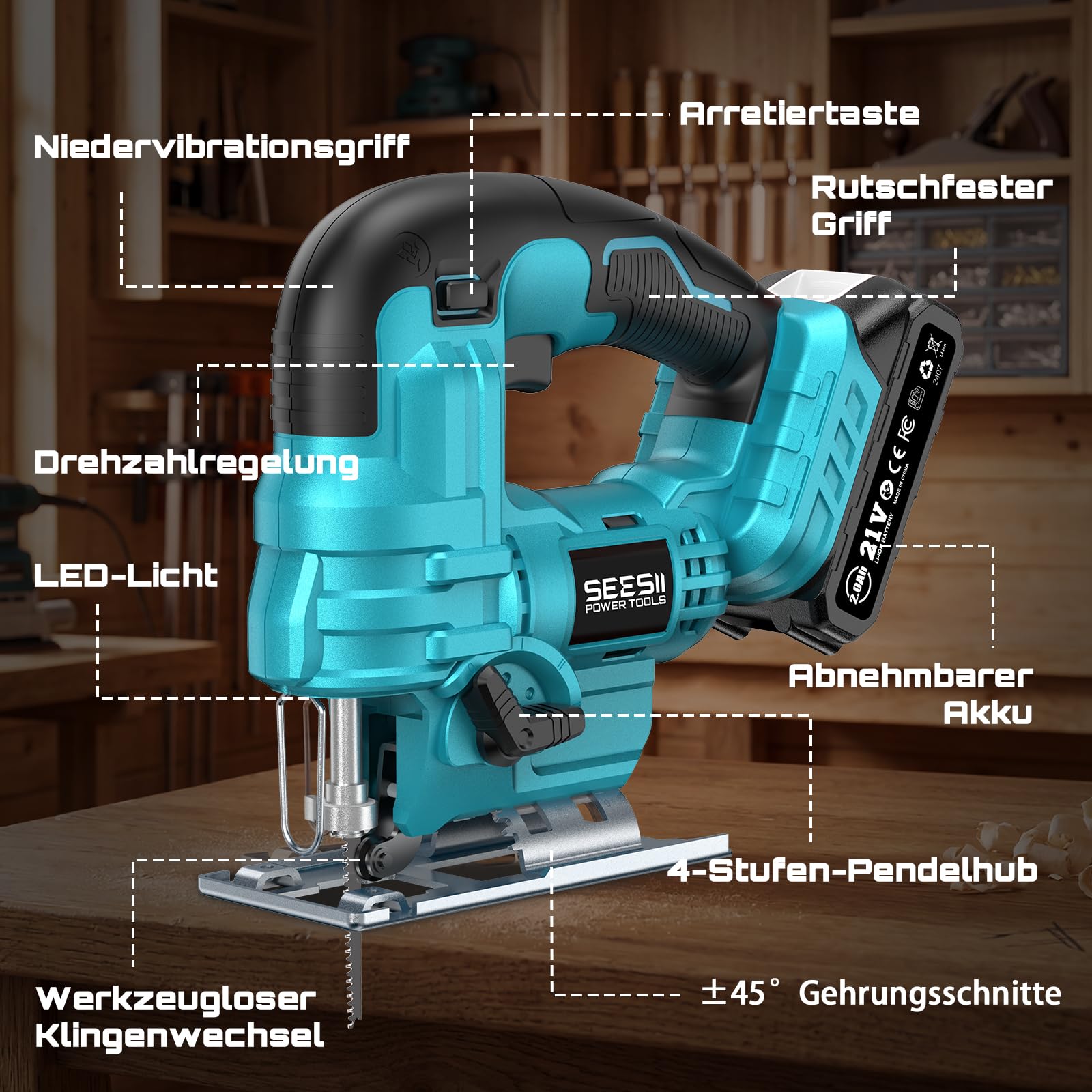 Seesii Stichsäge 21V, Akku Stichsäge mit Akkus und Ladegerät Set, 6-Stufen, Mit LED, 0°-45° Gehrung, 4 Pendelhub-Einstellungen, 20mm Hubhöhe, 2800 SPM, 9 Sägeblättern, mit Tragetasche 8