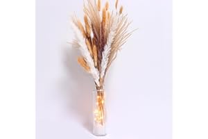 Dried Pampas Grass Decor Set with Glass Vase & Twinkling Fairy Lights – Boho Chic Home Table Centerpiece for Living Room, Bed