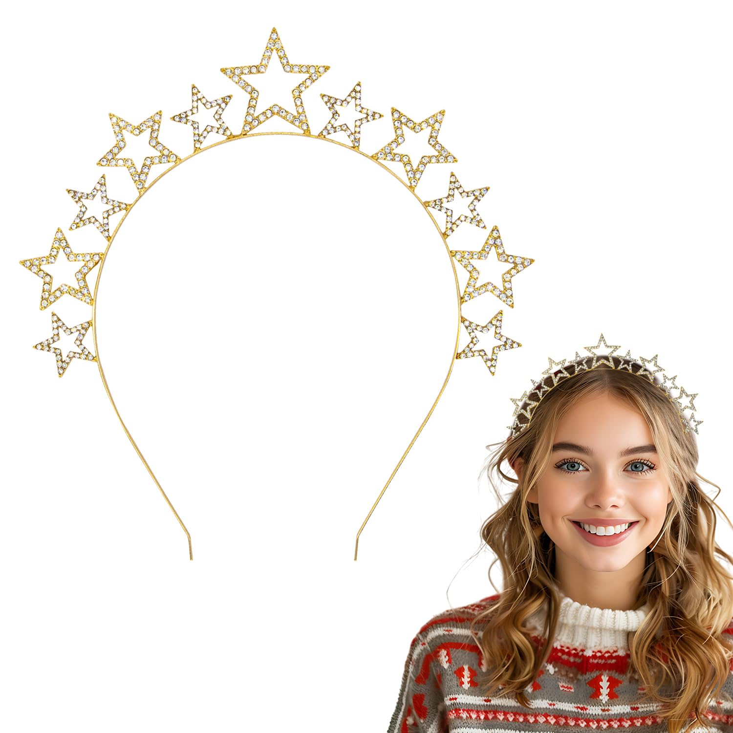 CHEERYMAGIC Star Headbands for Women & Girls, Bling Shining Reinstone Christmas Headband Crown Rhinestone Hair Hoop Wedding Hair Accessories for New Year Party Festival Prop A9LKXXFG