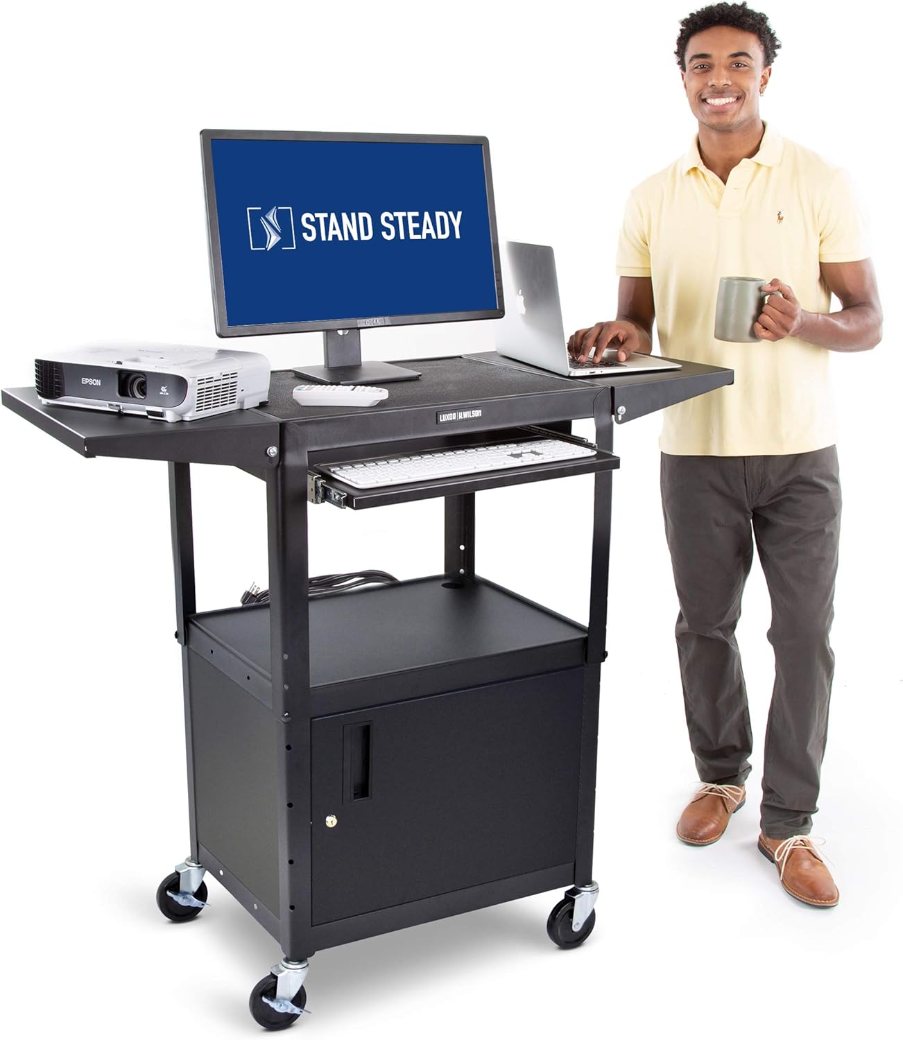 Line Leader AV Cart with Locking Cabinet and Drop Leaves - Height Adjustable Utility Cart with Extra Storage - Power Strip and Cord Management - Great for Presentations (Black / 46 x 18) : Office Products
