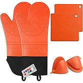 Silicone Oven Mitts and Pot Holders Set, MTZRFLL Extra Long Heat Resistant Oven Gloves with Hot Pads and Mini Oven Mittens for Grilling, Kitchen Cooking Baking, Soft Quilted Lining, Pack of 6 (Orange)