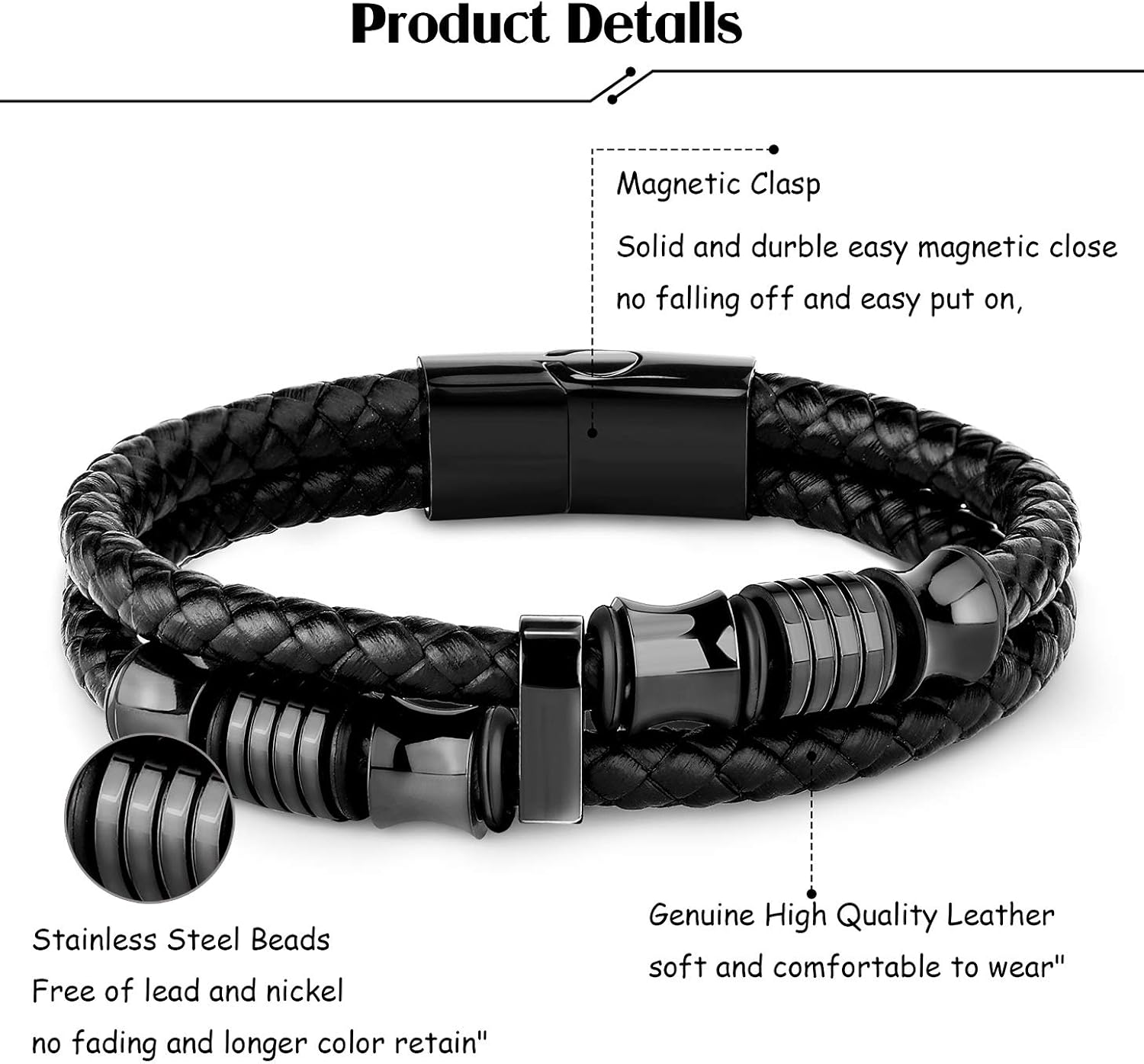 FIBO STEEL 3 PCS Braided Leather Bracelets with Magnetic Clasp for Men Women Wrap Genuine Leather Bracelet Wrist Cuff Bangle (8.5): Jewelry