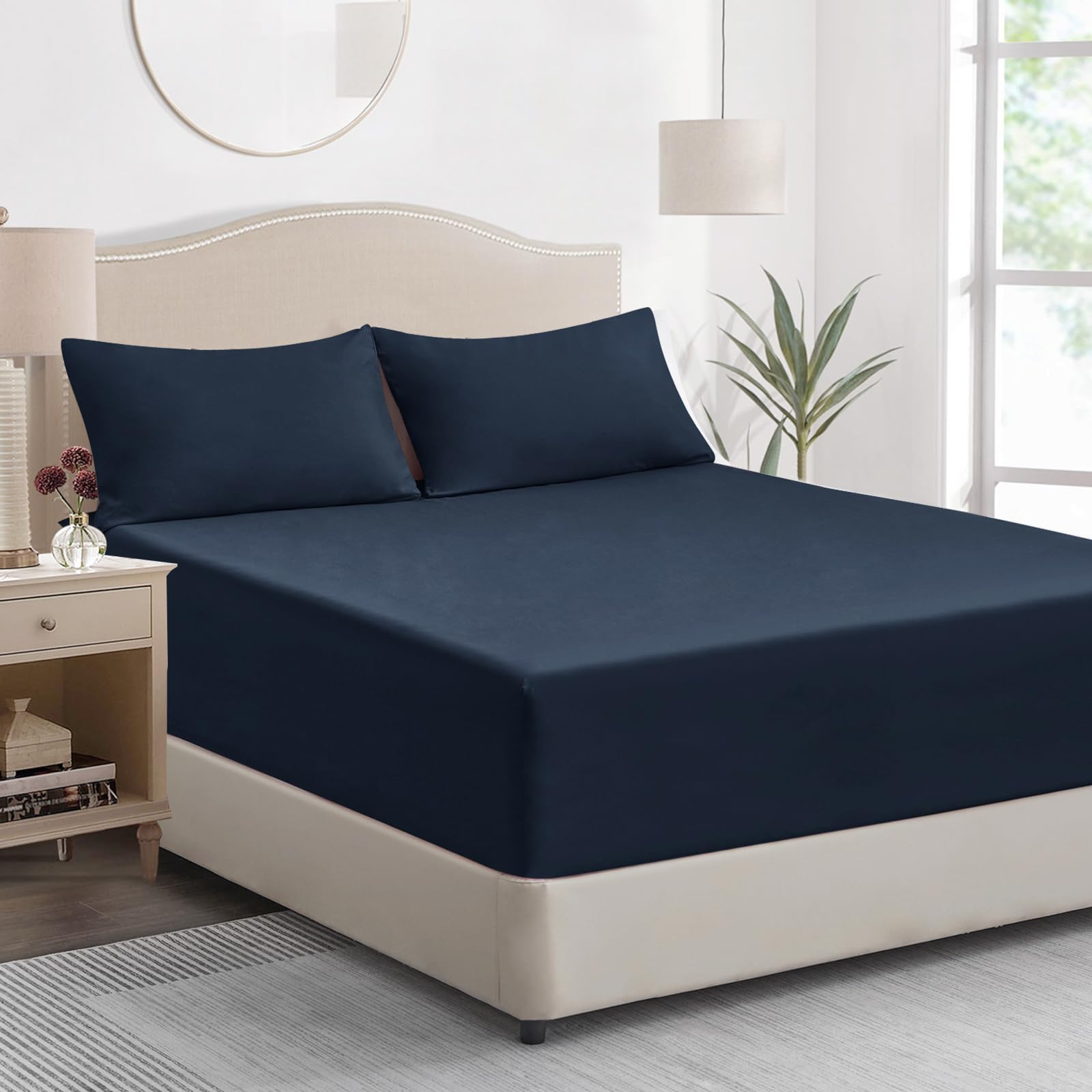 Tifschlaf Double Fitted Sheet Deep - Navy Blue Bed Sheet Extra Deep Pocket 16 inch (40 cm), Soft Brushed Microfiber Mattress Bottom Bedding Sheet, 135x190cm
